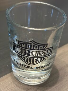 Harley-Davidson Shot Glass Boston Mass Bar & Shield Logo Clear Glass